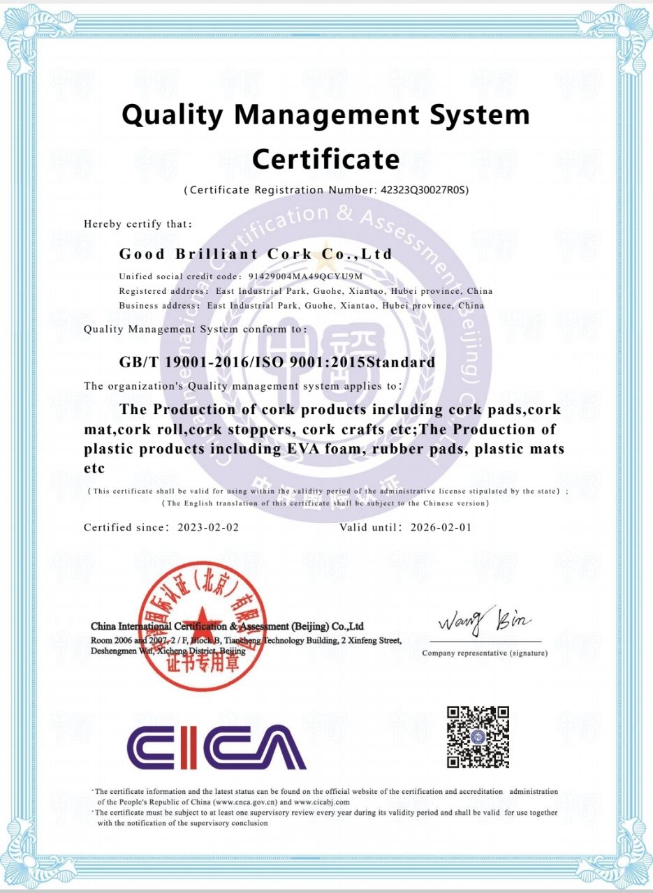 Novum ISO Certificatorium nostrae factory- Good Brilliant Cork Co. Ltd